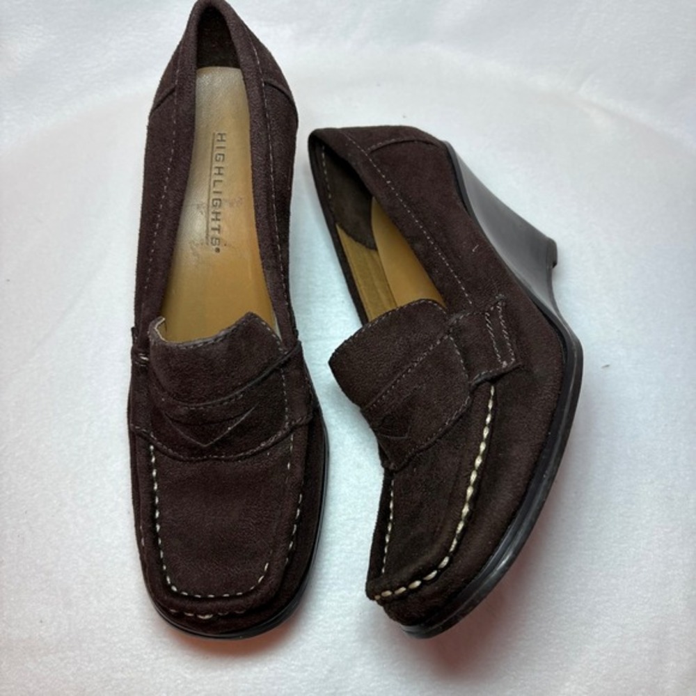 Y2k Highlights Womens Brown Faux Suede Wedge Penny Loafers Square Toe Slip On